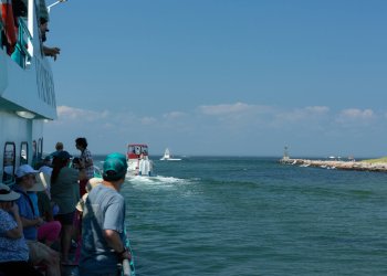 People head out on a whale watching cruise in Montauk, New York on August 06, 2018